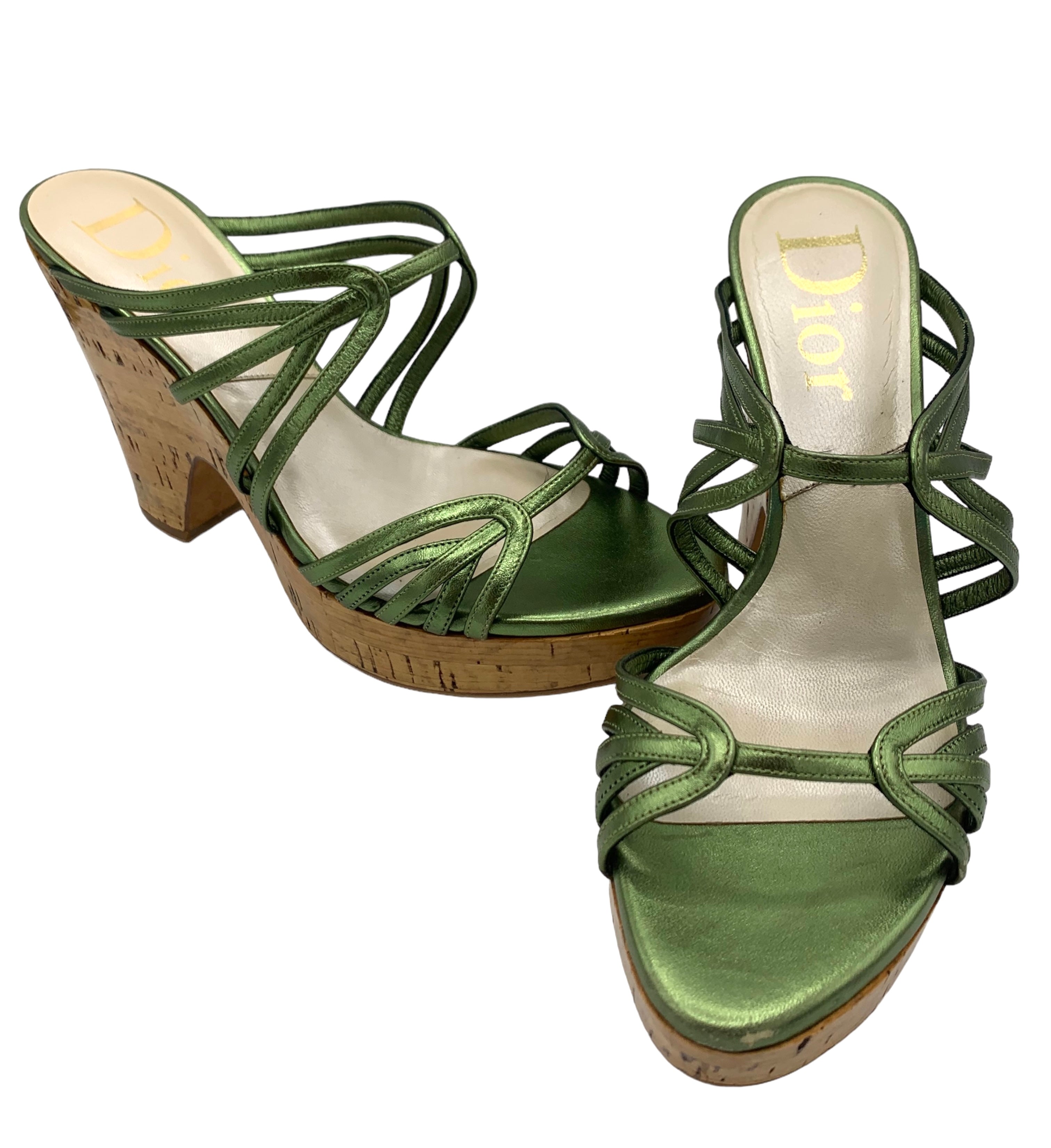 Dior Metallic Green Strappy Cork Platform Wedge Sandals FRONT PHOTO 1 OF 8