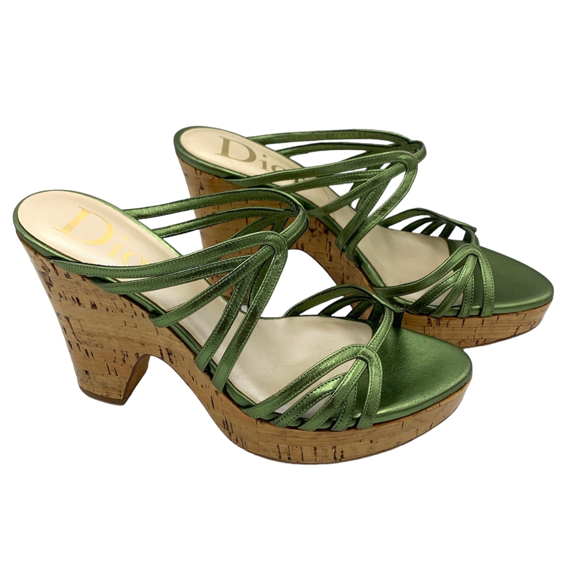 Dior Metallic Green Strappy Cork Platform Wedge Sandals SIDE PHOTO 2 OF 8